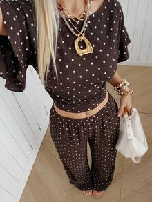 SHEIN EZwear 女款棕色與白色波點印花百褶上衣與寬鬆長褲套裝，適合度假、夏季休閒度假 - 咖啡棕 - 查看 2
