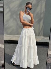 SHEIN EZwear 女款純色荷葉邊下擺休閒長裙，百搭夏季單品，長版寬鬆超低腰藍色人造絲面料，適合春秋日常穿著 - 白色 - 查看 5