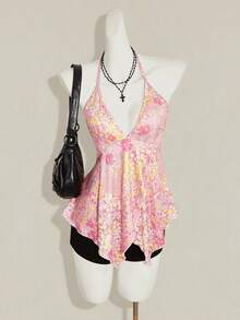 SHEIN ICON 碎花露背掛脖上衣 - 粉色 - 查看 4