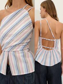 Nöista One-Shoulder Top In Pastel Striped Fabric, Asymmetrical Neckline And Peplum Hem. Perfect For Brunch, Summer, Spring, Vacation, French Coastal - Multicolor - View 1