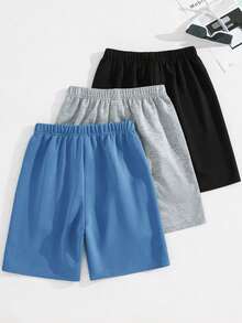 SHEIN 買2送1，3件組兒童青少年男孩休閒軟綿衛衣布料運動短褲套裝，麻灰色黑色藍色短褲，夏季上衣短褲男孩套裝 - 彩色 - 查看 4