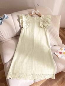 Sparklyn Vestido midi de estilo dulce primaveral para niñas preadolescentes, primavera/verano, playa tropical, con lazo 3D, cuello redondo, sin mangas, volantes y mangas acampanadas - Amarillo - Ver 2