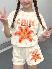 少女休閒簡約水彩紮染波點花卉百合圖案，海灘度假風，短袖上衣與短褲兩件套，適合夏季，圖案設計，舒適，女孩套裝，Y2K，可愛風 - 彩色 - 查看 3
