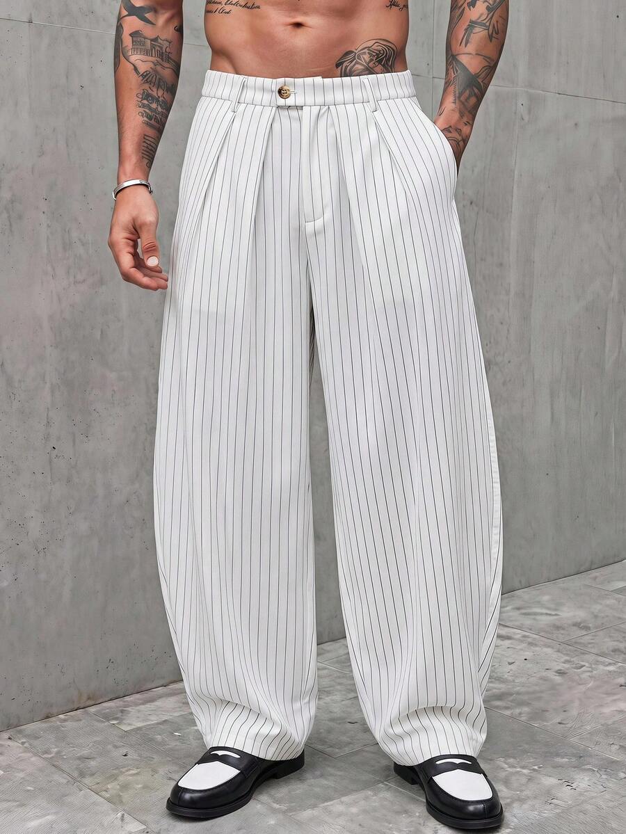 Manfinity VCAY Men's Casual Versatile Commuter Striped Long Pants - White - View 1