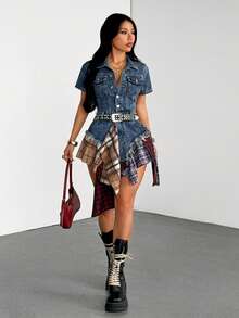 StreetHx Damen Kurzarm einreihig Patchwork kariert asymmetrischer Saum lässiges Denim Kleid - Blau - Übersicht 7