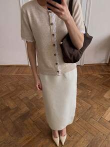 Selianne 法式溫柔風蕾絲拼接針織開襟衫，圓領短袖單排扣上衣，甜美少女風百搭日常女款開襟衫 - 杏色 - 查看 6
