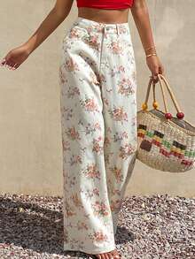 Livesso Jeans casuales para mujer de cintura alta, pierna ancha y sueltos, de algodón con estampado floral blanco, para verano, otoño y el festival de junio - Blanco - Ver 7