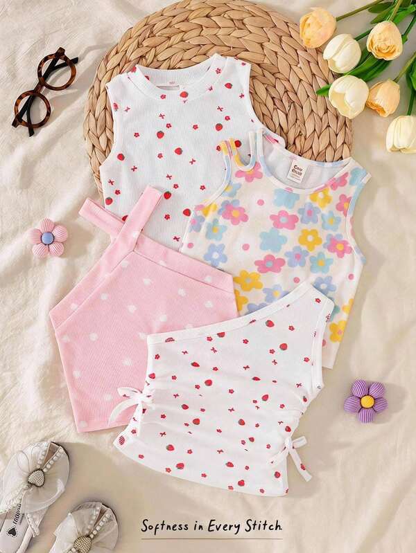 Cozy Pixies Baby Girl Floral Pattern Knit Soft Round Neck Short Sleeve Pullover Top 4pcs Set