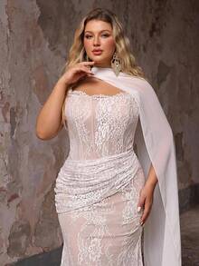 Glamrae Plus Size Elegant Classy Stretchy Lace Ruched Strapless Mermaid Dress Detachable Flounce Wedding Dinner Evening Formal Bachelorette Pink Winter - White - View 2