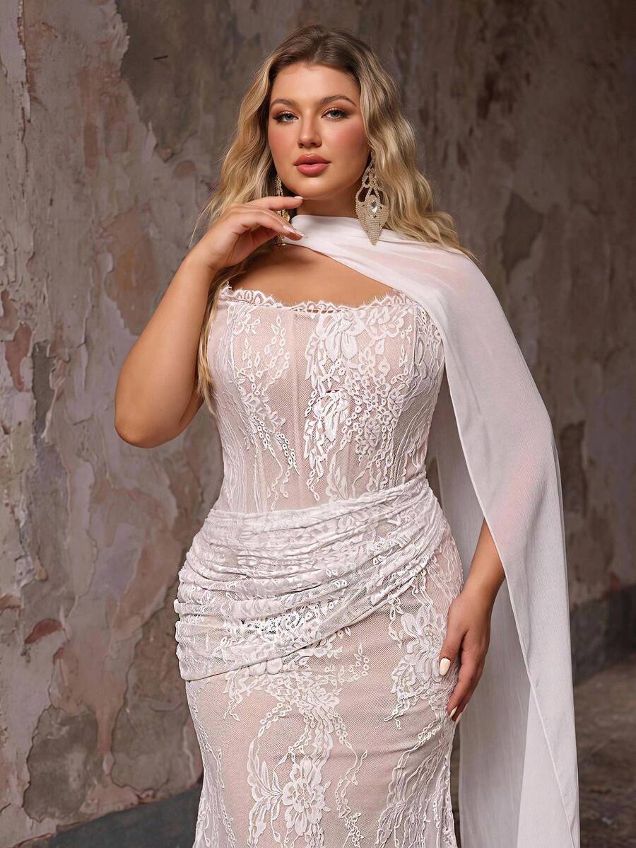 Glamrae Plus Size Elegant Classy Stretchy Lace Ruched Strapless Mermaid Dress Detachable Flounce Wedding Dinner Evening Formal Bachelorette Pink Winter
