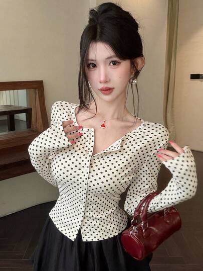 DAZY Women's Autumn Long Sleeve Black Polka Dot White Short Cardigan Slim Fit Base Layer Slimming Sweet T-Shirt