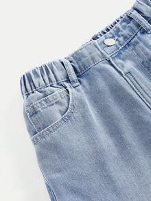 SHEIN 男童牛仔短褲，夏季，柔軟，棉質，休閒街頭風，彈性腰帶，經典五口袋設計，淺藍色水洗百慕達短褲，適合學校 - 淺色水洗藍 - 查看 10