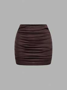 SHEIN MOD 時尚女款抓褶迷你短裙，巧克力棕色、黑色波點與素色可選，2件組緊身短裙，秋季性感休閒夜店派對穿搭 - 彩色 - 查看 5