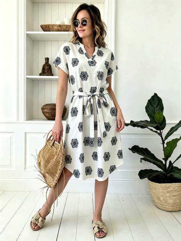 Louniche Women's Gentle Elegant A-Line Belt Dress With Off-Shoulder Cutout Print Short Sleeve Casual Dress, Summer Women's Dress, Suitable For Women's Party, Date, Wedding Season, Work Commute, Business Elegant, Christmas, Graduation Season, Back To School Season, Graduation Ceremony, Teacher's Day, Christmas, Valentine's Day, Thanksgiving, Mother's Day, Music Festival Back To School Season Vacation Print Short Sleeve Dress, Daily Wear, Spring/Summer Wear