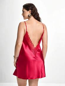Slumbrini Plus Size Women Lace Deep V-Neck Backless Sexy Bodycon Cami Slip Dress Red - Burgundy - View 2