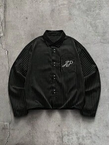 AXEPEAK 男士字母刺繡條紋長袖單排扣休閒口袋襯衫 - 黑色 - 查看 1