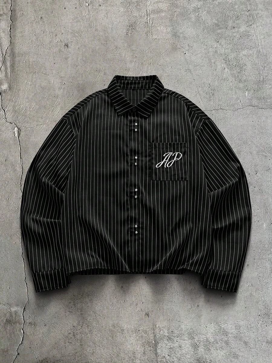 AXEPEAK 男士字母刺繡條紋長袖單排扣休閒口袋襯衫 - 黑色 - 查看 1