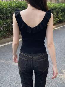 DAZY Top de punto sin mangas con volantes de unicolor - Negro - Ver 2
