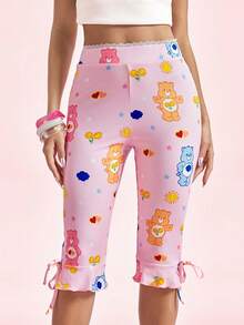 SHEIN X Care Bears Women's Cute Cartoon Print Lace Patchwork Cropped Leggings - Pink - View 1
