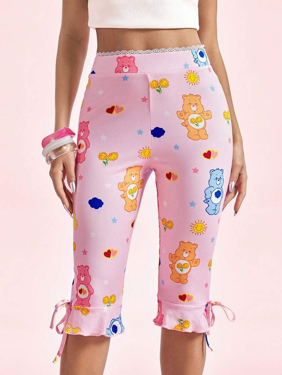 SHEIN X Care Bears Women's Cute Cartoon Print Lace Patchwork Cropped Leggings - Pink - View 1