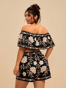 Travachic TRVLCHIC Plus Size Floral Print Off Shoulder Cropped Top And Wrap Shorts 2-Piece Set, Casual Boho Holiday Two Piece Women Brunch Outfit Summer Black - Multicolor - View 7