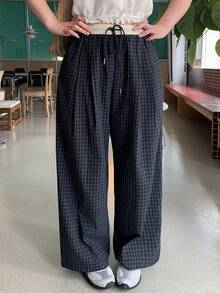 Dazy Plus Contrast Color Patchwork Drawstring Waist Plaid Preppy Style Casual Long Pants For Girls, Deep Blue Summer - Navy Blue - View 4