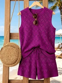 Franclia Plus Size Women Solid Color Casual Loose Round Neck Knit Tank Top Hollow Out Shorts 2-Piece Set Beach Formal Vacation Spring/Summer Versatile Outfit - Hot Pink - View 3