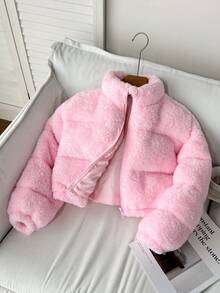 SHEIN 少女冬季新款粉色毛絨立領短版鋪棉外套 - 粉色 - 查看 1