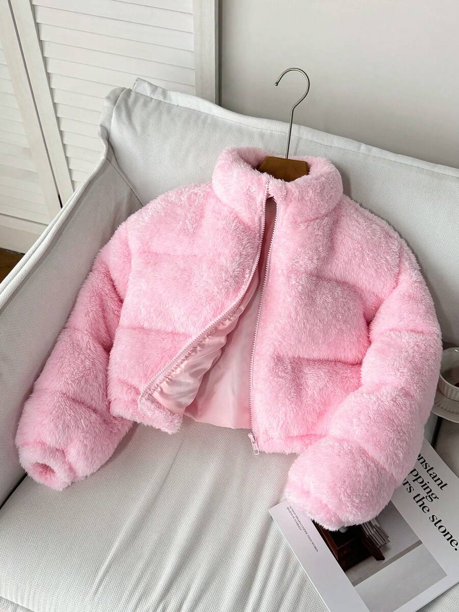 SHEIN 少女冬季新款粉色毛絨立領短版鋪棉外套 - 粉色 - 查看 1
