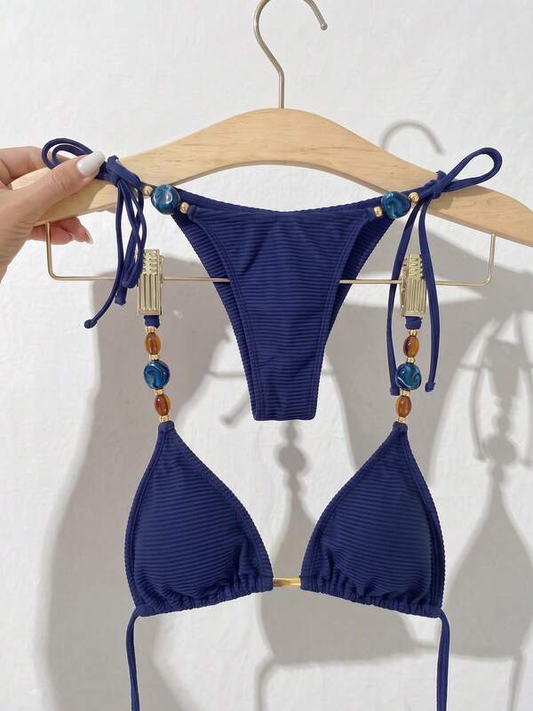 Swim Chiccia Conjunto de bikini de dos piezas para mujer de verano y playa, unicolor, con top halter con lazo sexy y braguita triangular