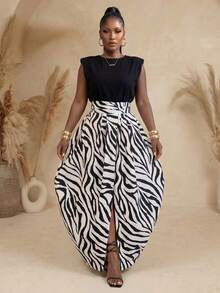 BamGlimmer Plus Size Women's Asymmetrical Striped Pleated Skirt, Suitable For Travel, Vacation, Daily Wear, Back To School, Party Wedding Guest, Summer Elegant - Black and White - View 4