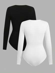 SHEIN Bodysuit & Jumpsuit Anak Perempuan Remaja Perempuan Remaja Perempuan Remaja Perempuan 2pcs Set Jumpsuit Rajut Leher Bulat Lengan Panjang - Hitam dan Putih - View 2