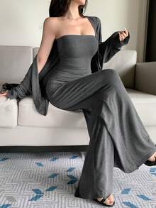 DAZY Women's 3 PiecesSummer Gray Striped Strapless Camisole, Cardigan, Straight Leg Pants Set, Loose Casual Loungewear - Grey - View 9