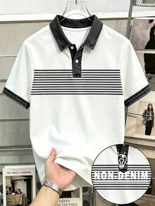 Manfinity Hypemode 男士條紋短袖休閒通勤 Polo 衫 - 黑與白 - 查看 1