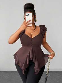 Maweii Plus Size French Fashion Button Ruffle Hem Elegant Blouse - Redwood - View 1
