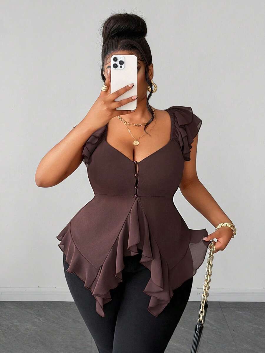 Maweii Plus Size French Fashion Button Ruffle Hem Elegant Blouse - Redwood - View 1