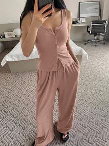 DAZY 2件組女款無袖背心開襟衫與純色直筒長款睡褲夏季居家休閒套裝 - 駝色 - 查看 3
