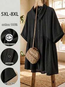 SHEIN CURVE+ 秋季大尺碼法式風格前扣鈕扣襯衫，紋理面料休閒款，2026冬季 22W - 黑色 - 查看 1