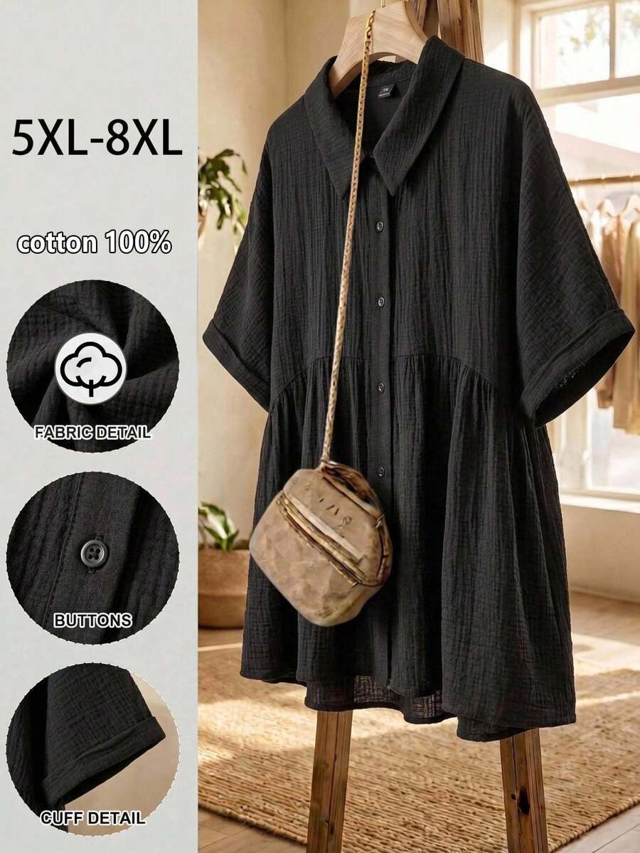 SHEIN CURVE+ 秋季大尺碼法式風格前扣鈕扣襯衫，紋理面料休閒款，2026冬季 22W - 黑色 - 查看 1