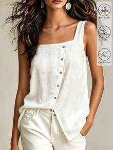 SHEIN Holidaya Women's Summer Casual Vacation White Square Neck Asymmetric Button Slit Textured Sleeveless Tank Top, Single-Breasted Asymmetrical Hem Blouse, Square Neck Asymmetric Button Tank, Slit Hem Shirt, Elegant, Fresh, Fashionable, Romantic, High-End, Urban Street Style, Daily Dating, Afternoon Tea Gathering, Vacation Travel, Romantic Party, Daily, Beach, Women's Elegant Top, Women's Summer Shirt, White Casual Shirt, Versatile, Commute, Meeting, Business Negotiation, Daily Office, Evening Party, Graduation Ceremony, Urban Teacher Professional Attire - White - View 4