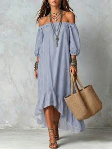Hotletica Women's Off-Shoulder Blue And White Stripe 3/4 Sleeve Square Neck Lantern Sleeve Ruffle Hem Midi Dress, Casual Coastal Romantic Elegant, Summer, Sexy - Multicolor - View 8