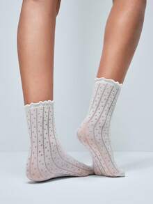 Softvol 1 Pair Polka Dot Ruffle Trim Ankle Socks - Japanese Lace Edge Mid-Calf Socks, Create Versatile School Girl Style - White - View 2