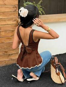 Serisse 女款度假休閒拼接飾邊綁帶露背無袖上衣 - 棕色 - 查看 8