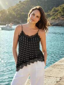 Briarwyn 2026新款夏季时尚女士波点缎面吊带背心，撞色蕾丝细肩带，不对称下摆，常规长度/不对称吊带背心，夏季外出上衣，春季度假，休闲优雅派对上衣，适合晚宴、海滩度假和假日造型/女士撞色蕾丝缎面波点印花不对称下摆时尚吊带背心，情人节女士波点上衣，黑白配色 - 彩色 - 查看 1