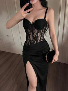 Modelyn Elegant Lace Patchwork Women's Side Slit Camisole Dress Night Out Black Floral Summer - Black - View 1