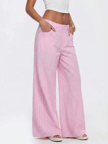 Avantive Women's Casual Commute Striped Low Waist Wide Leg Long Pants - Pink - View 10