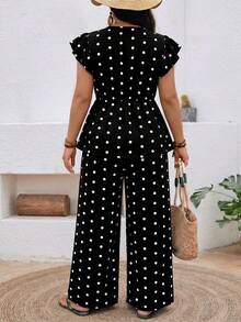 Breezaya Conjunto de 2 piezas de top y pantalones con estampado de lunares talla grande, atuendo casual para vacaciones - Negro - Ver 2