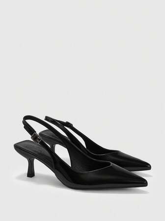 CUCCOO BIZCHIC Women Shoes Spring And Summer New Pointed Thin Heel Medium Heel Black Comfortable Versatile Temperament Elegant Glossy Low Vamp Slingback Commuter Dating Daily Wear Solid Color Women's High Heel Shoes