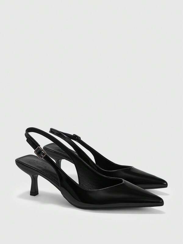 CUCCOO BIZCHIC Women Shoes Spring And Summer New Pointed Thin Heel Medium Heel Black Comfortable Versatile Temperament Elegant Glossy Low Vamp Slingback Commuter Dating Daily Wear Solid Color Women's High Heel Shoes