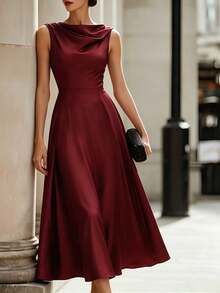 SHEIN Ladies Summer Dress, Elegant Party Dress, Wedding Guest Dress, Birthday Suit, Elegant Dress, Festival Dress, Ruffled Dress, Red Dress, New Year Dress - Burgundy - View 5